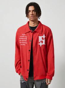 ROMWE MEN Chaqueta casual de manga larga con botones delanteros de unicolor y estampado minimalista de letra para hombre - Rojo - Ver 6