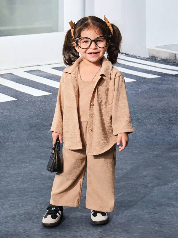 SHEIN Einfaches Outfit für Baby Mädchen Einfarbig, tägliches Hemd und lässiges Fashion Set aus 3 Teilen