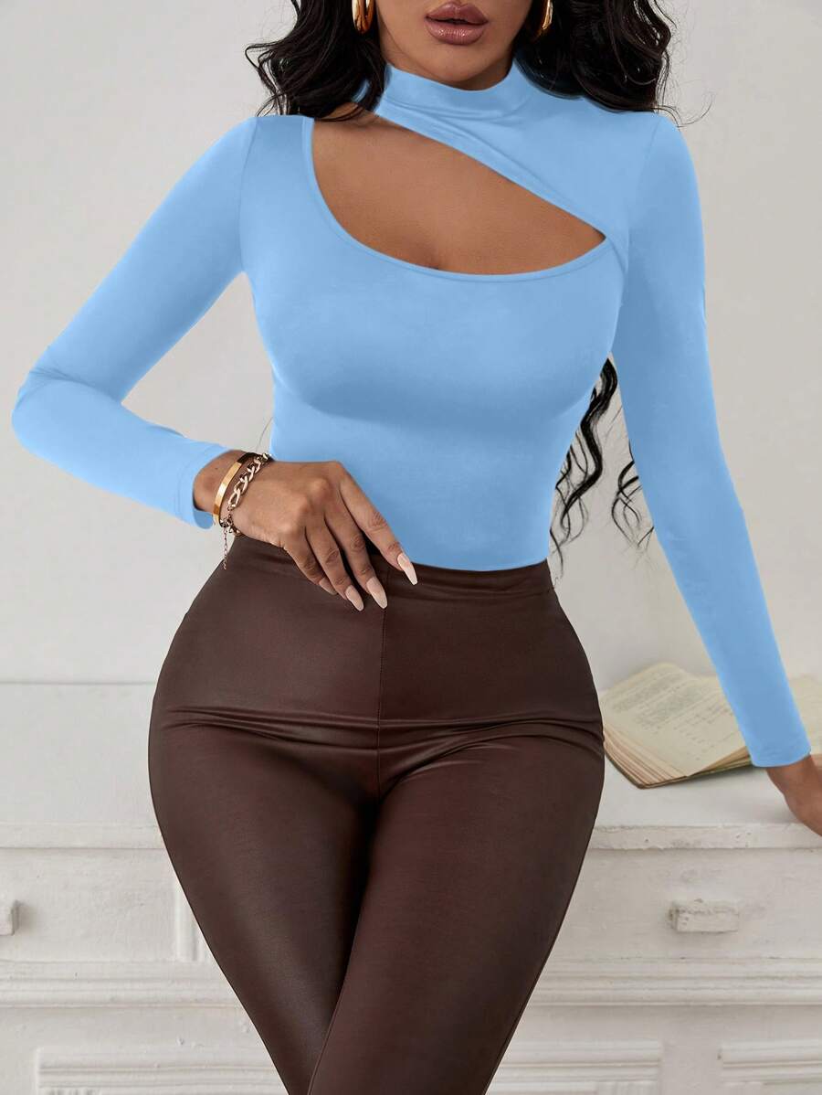 SHEIN SXY T-shirt manches longues noir, moulant, sexy, à col asymétrique et ajouré, pour le printemps et l'été - Bleu azur - Voir 1