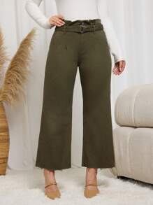 SHEIN Essnce Women's Casual Loose Straight-Leg Jeans With Waist Buckle Design - Army Green - View 5