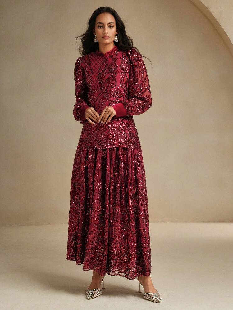 Luxurious Christmas Long Sleeve Red Sequin Mesh Dress For Women
