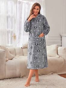 SHEIN 女士休闲舒适企鹅印花羊毛长袖连帽睡袍家居服 - 灰色 - 查看 4