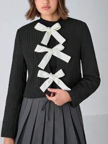 Enchnt Women's Round Neck Long Sleeve Casual Jacket With Front Tie Decoration, Minimalist Style - Black - View 7