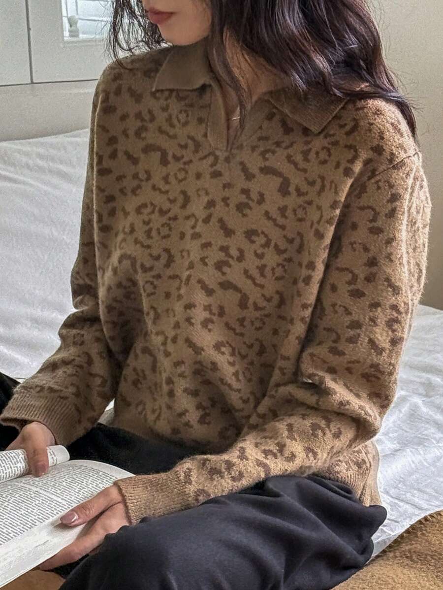 DAZY 1pc Women Leopard Print Crew Neck Sweater, Casual Pullover For Daily Wear Fall - Brown - View 1