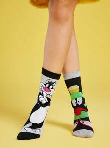 LOONEY TUNES X SHEIN 2 pares de calcetines de mujer de media pantorrilla con diseño asimétrico de bloques de color y estampado de dibujos animados
