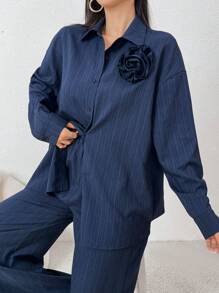 Mulvari 2pcs Women Solid Color Front Button Floral Applique Long Sleeve Top And Pants Casual Suit