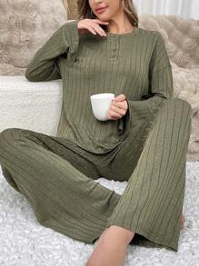 2pcs Minimalist Women Solid Color Round Neck Drop Shoulder Long Sleeve T-Shirt And Pants Homewear Set