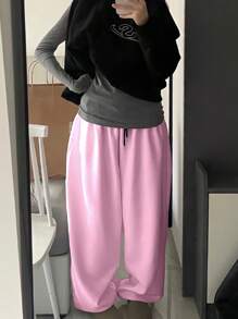 INAWLY 女士松紧腰带抽绳口袋宽松休闲哈伦运动裤 - 粉色 - 查看 4
