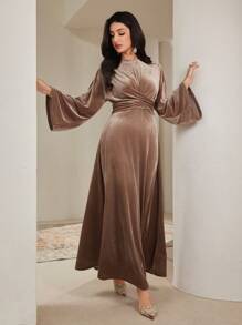 Veilorie Women Solid Color Round Neck Batwing Sleeve Elegant Dress With Waist Cross Details Modest