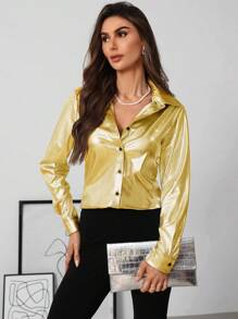 SHEIN Clasi 1pc Women Solid Color Front Button Elegant Business Casual Long Sleeve Blouse
