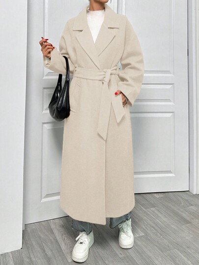 SHEIN Wollmantel mit Stehkragen, Doppelreiher, Schrägtaschen, Gürtel und Krawatte