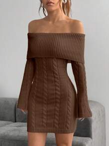 Flirla 露肩长袖扭纹针织修身毛衣连衣裙 - 咖啡棕 - 查看 3