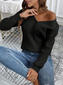 SHEIN LUNE 女士V领长袖休闲毛衣，纯色，适合秋冬季针织套头衫 - 黑色 - 查看 5