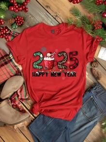 SHEIN Essnce 休闲新年 2025 图案圆领短袖修身大码女式 T 恤，夏季 - 紅色 - 查看 1