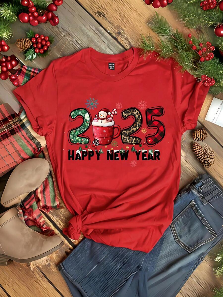 SHEIN Essnce 休闲新年 2025 图案圆领短袖修身大码女式 T 恤,夏季 - 紅色 - 查看 1