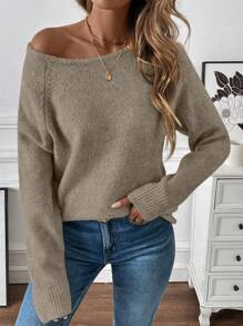 SHEIN LUNE 1pc Women Solid Color Round Neck Raglan Sleeve Casual Knit Sweater, Autumn/Winter