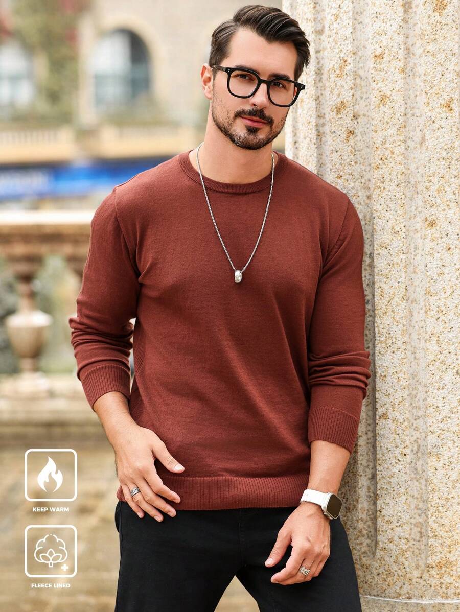 Manfinity Homme Áo len cổ tròn màu trơn thường ngày cho nam, Thu/Đông - Rỉ Nâu - Xem 1