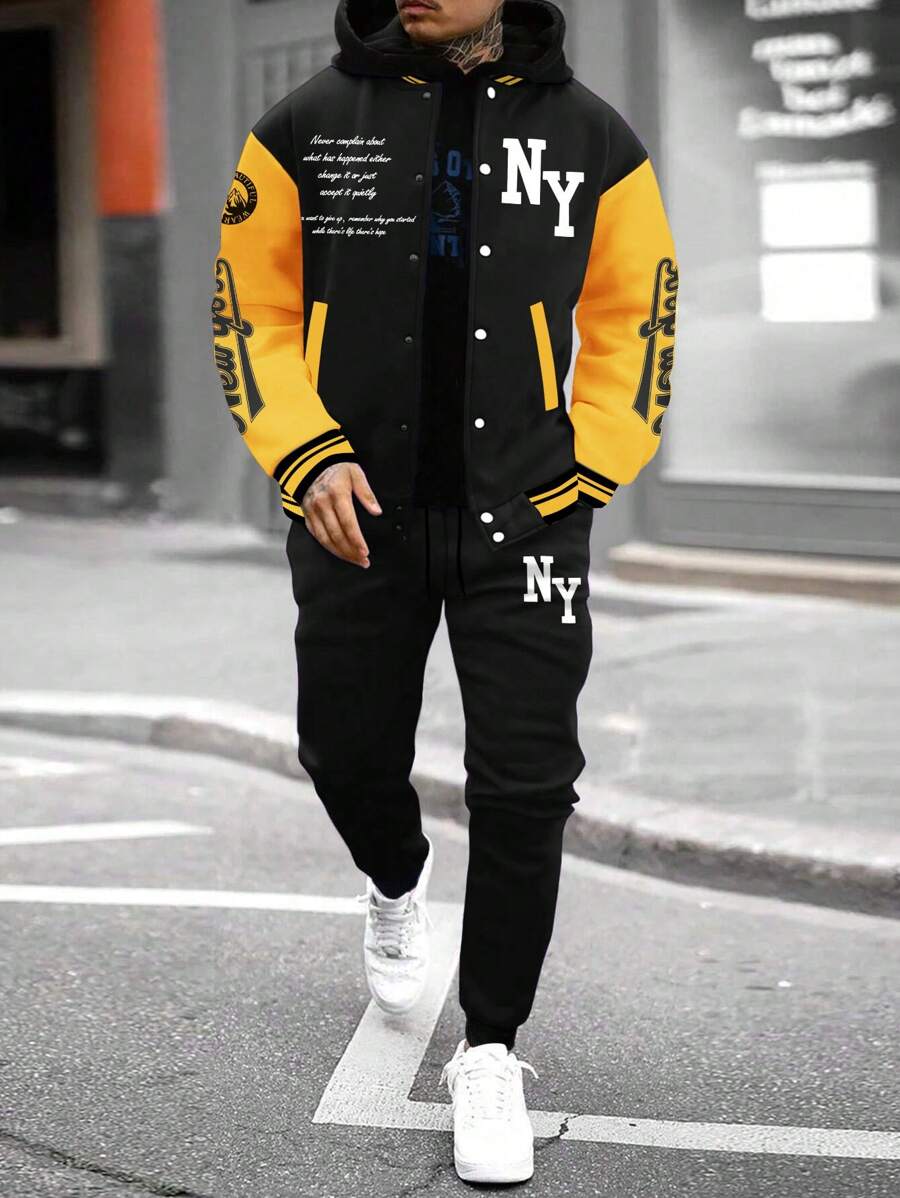 Manfinity Homme 2pcs Men's Slogan Print Long Sleeve Baseball Jacket And Pants Set, Men Streetwear, Men Outfit Sets, Men Two Pieces Set - Black - View 1