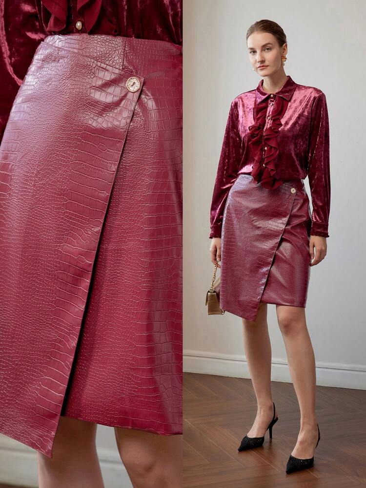 PU LEATHER CROCODILE PATTERN BUTTON WRAP SKIRT