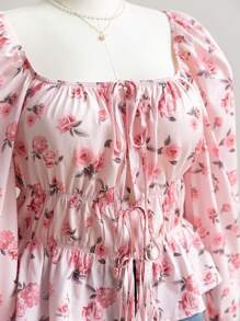 Soleia Plus Size Ladies Winter Christmas Women's Dresses, New Year's Eve Women's Dresses, Pink Cute Floral Square Neck Long Sleeve Shirt