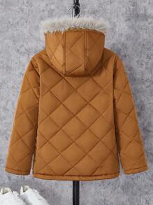 Boys Casual Diamond Patterned Hooded Jacket, Suitable For Daily And Commuter Wear - Brown - View 2
