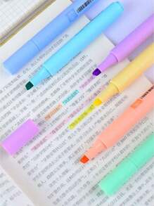 1 Packung / 8 Stück Makaron-farbige fluoreszierende Textmarker mit abgewinkelter Spitze und Augenschutzeffekt, farbige Markerstifte, Studenten Schreibwaren, Schulmaterial, essentiell für Journaling, Schulanfang, Schultext-Marker, Federmäppchen - Verschiedenfarbig - Übersicht 3
