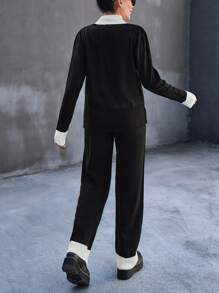 RueChic 女士罗纹针织立领落肩毛衣和毛衣裤套装 - 黑色 - 查看 4