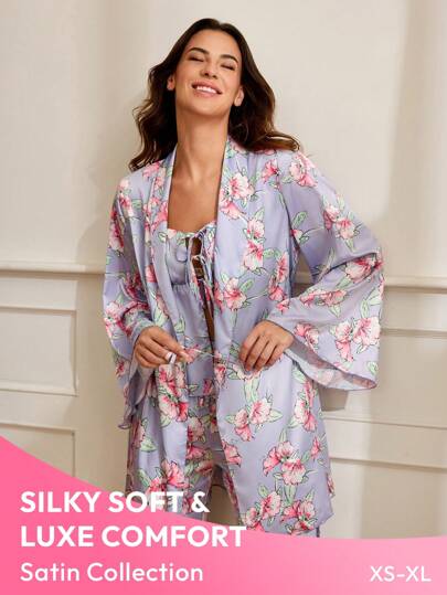 Becci 设计师女士淡紫色花卉印花缎面蝴蝶结睡袍，适合节日穿着