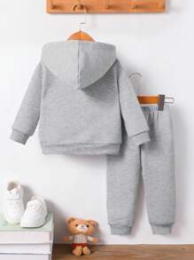 Baby Boy Crown & Letter "K" Printed Fleece Hoodie Sweatshirt & Pants Set, Casual Outfit For Fall/Winter