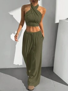 SHEIN EZwear Women Solid Crossover Cropped Top And Pants 2 Pieces Set, Casual Outfit
