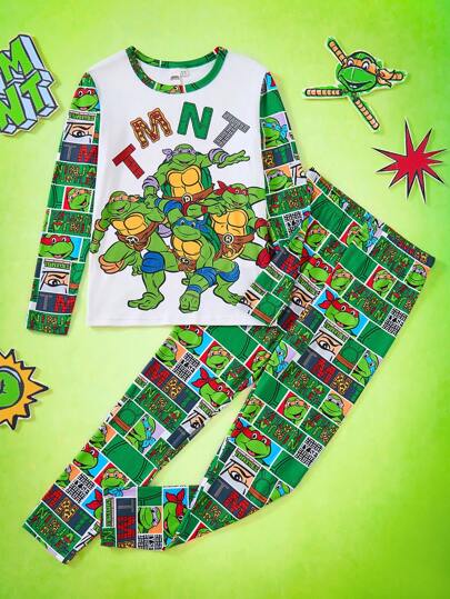TEENAGE MUTANT NINJA TURTLES | SHEIN Tween Boy Cartoon Print Green Casual Long Sleeve T-Shirt And Stretchy Comfortable Pants Snug Fit Sleepwear Snug Fit Pajamas Set, For Christmas