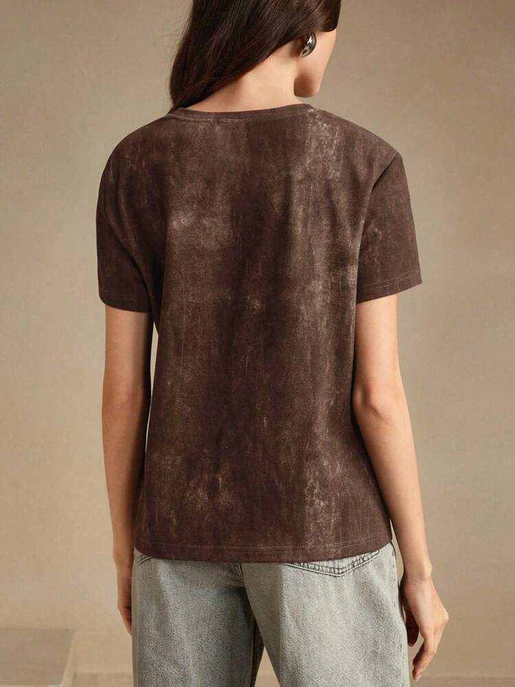 Women Urban Minimalist Tie-Dye Sandblasted Crystal T-Shirt, Black & Gray