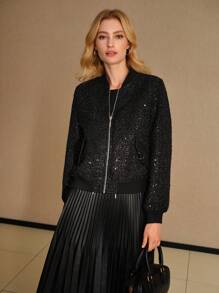 MOTF STUDIO 粗花呢亮片拉链门襟飞行员夹克 - 黑色 - 查看 3