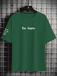 Manfinity LEGND Men's Letter Print Round Neck Short Sleeve Casual T-Shirt - Army Green - View 2