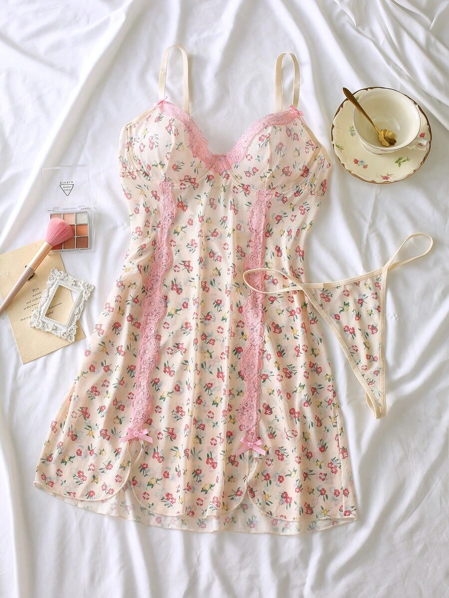 فستان نوم نسائي سباغيتي أشرطة دانتيل رقعي زخرفة فيونكة، عفوي وجذاب - لون مشمشي - مشاهدة 1