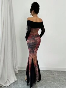 Elenzga Women Elegant Dark-Toned Stretch Mesh Floral Patchwork Off Shoulder Drawstring Asymmetrical Fishtail Dress Maxi Women Outfit - Black - View 2