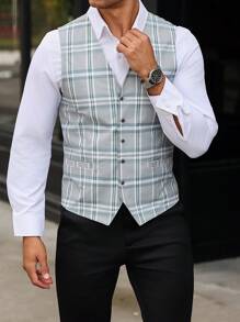 Manfinity Bizformal Men's V-Neck Single-Breasted Casual Plaid Vest