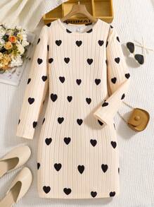 SHEIN 青少年女孩休闲心形印花连衣裙，适合日常穿着，秋季 - 杏色 - 查看 3