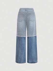 SHEIN MOD Jeans décontractés amples à jambes larges avec insert en maille contrastée pour femmes