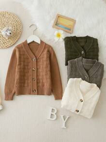 SHEIN 男童 V 领前扣纯色纹理长袖针织开衫 - 咖啡棕 - 查看 6