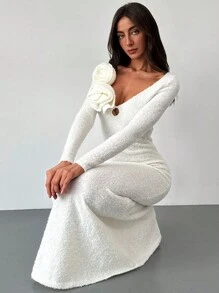 Aloruh Vestido de punto de manga larga hasta el suelo con cuello en V profundo y diseño floral 3D para mujer, romántico para citas y fiestas, otoño/invierno - Albaricoque - Ver 1