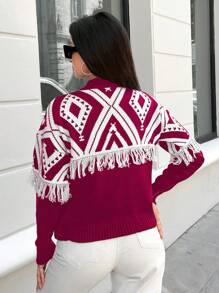 EURMUSE Women Geometric Print Fringe Decor Crew Neck Casual Pullover Sweater - Burgundy - View 2