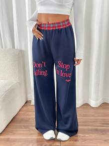 INAWLY Women Patchwork Plaid Slogan Print Elastic Waist Loose Wide Leg Casual Pants