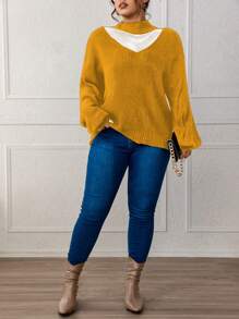 SHEIN LUNE Plus Size Colorblock Hollow-Out Splice Stand Collar Sweater, Casual For Autumn/Winter Knit Pullover Fall - Yellow - View 6