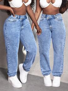 SHEIN Slayr Casual Water-Washed Asymmetric Waist Tapered Jeans