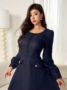 Modelyn Vestido largo con mangas de farol y ribete de cinta elegante para mujer, vestido largo para eventos de otoño e invierno