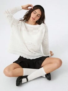 SHEIN EZwear Women Loose Hollow Out White Knitted Jacquard Off Shoulder Sweater, Casual For Autumn/Winter - White - View 6