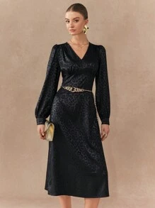 Chiquease Vestido casual y elegante de manga larga con estampado de leopardo jacquard - Negro - Ver 3