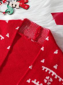 SHEIN Essnce Women Christmas Red Elk Pattern Dual Pocket Oversized Cardigan, Fall/Winter Clothes - Red and White - View 8