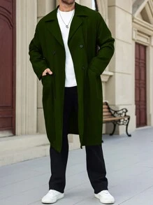 Manfinity Homme Plus Size Men Casual Solid Color Double-Breasted Trench Coat, Autumn - Green - View 3